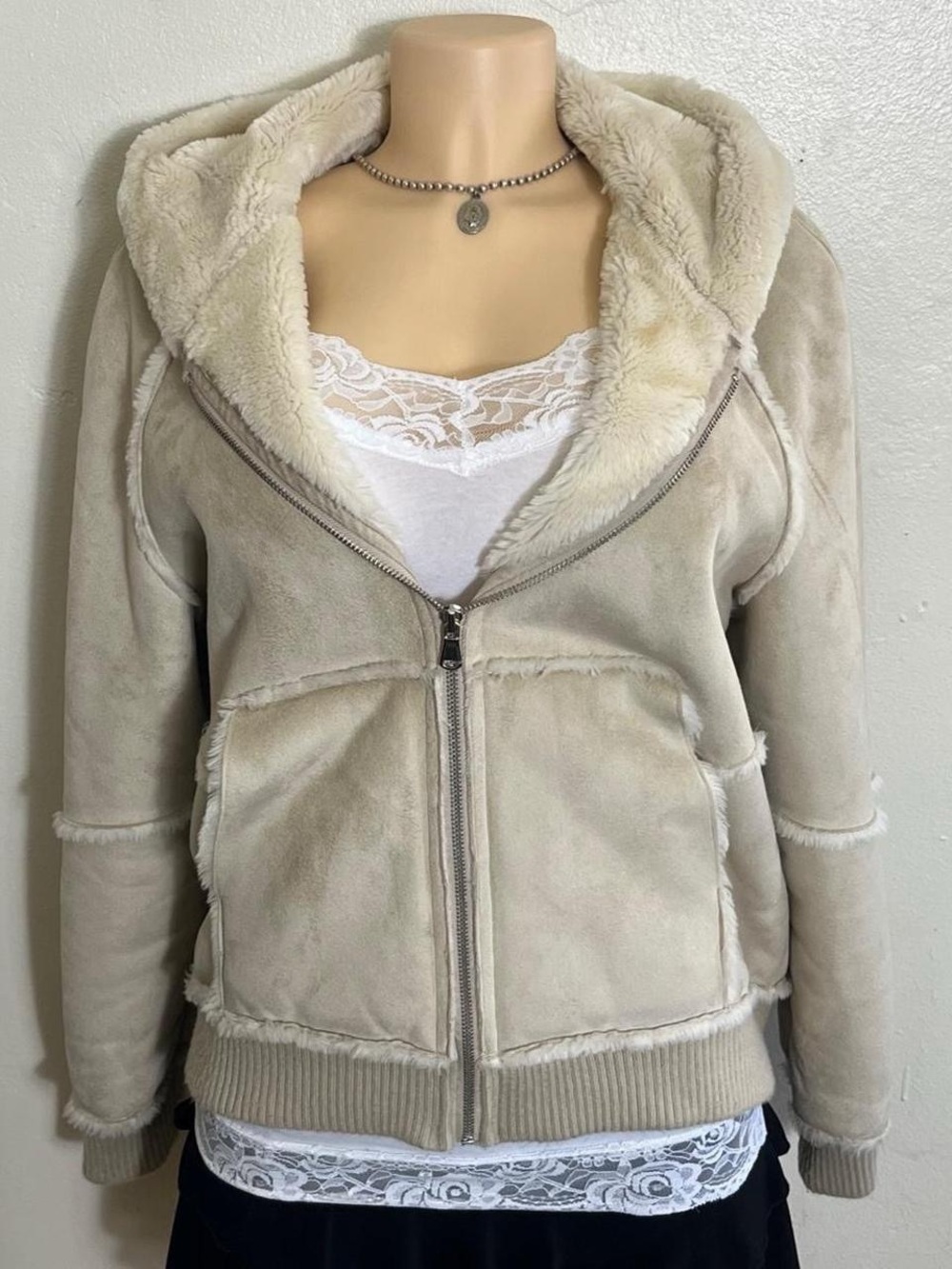 Route 66 Cream Teddy Faux Suede Zip Hoodie